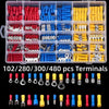 A plastic kit containing various insulated wire crimp terminals in assorted colors and sizes.