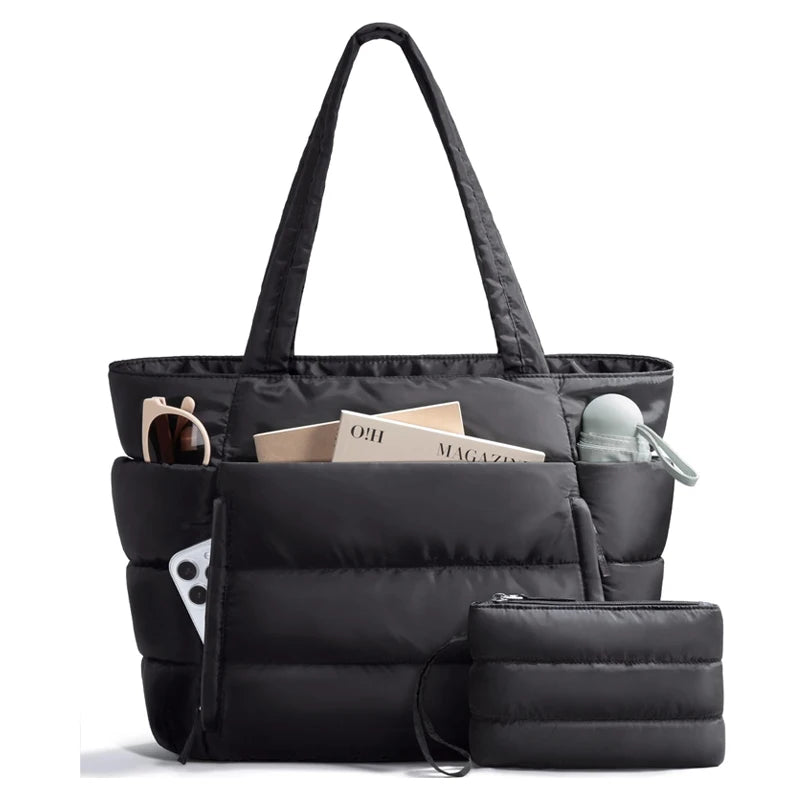 Black quilted puffy tote bag with a laptop sleeve
