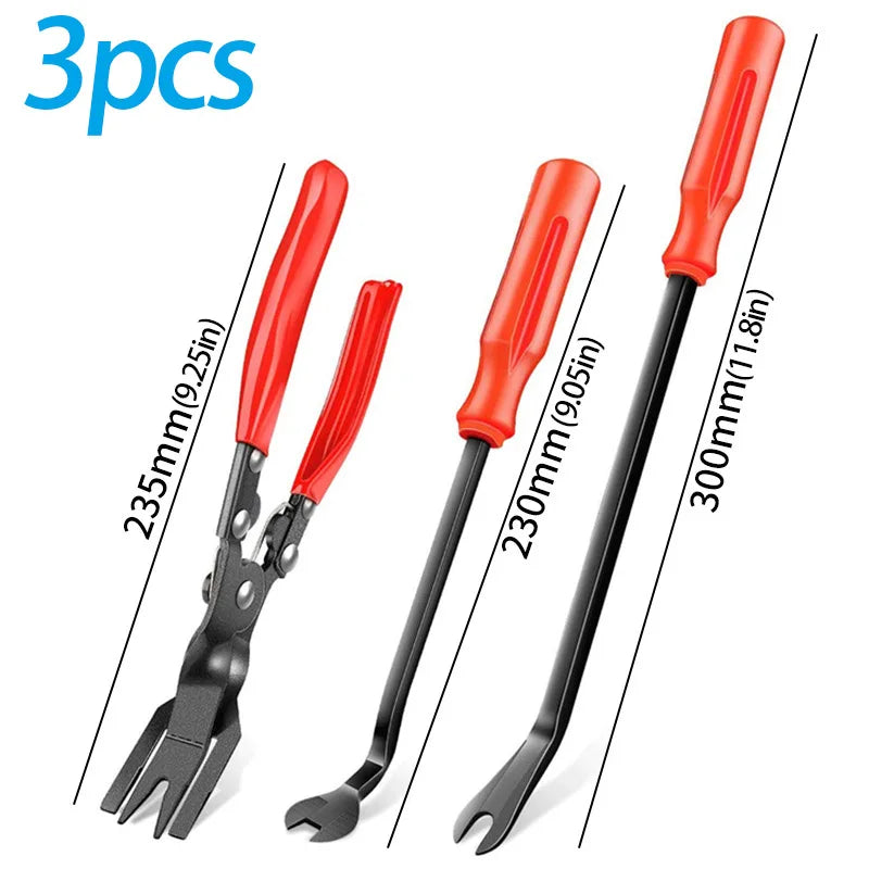 Three red car trim removal tools with black handles and storage pouch