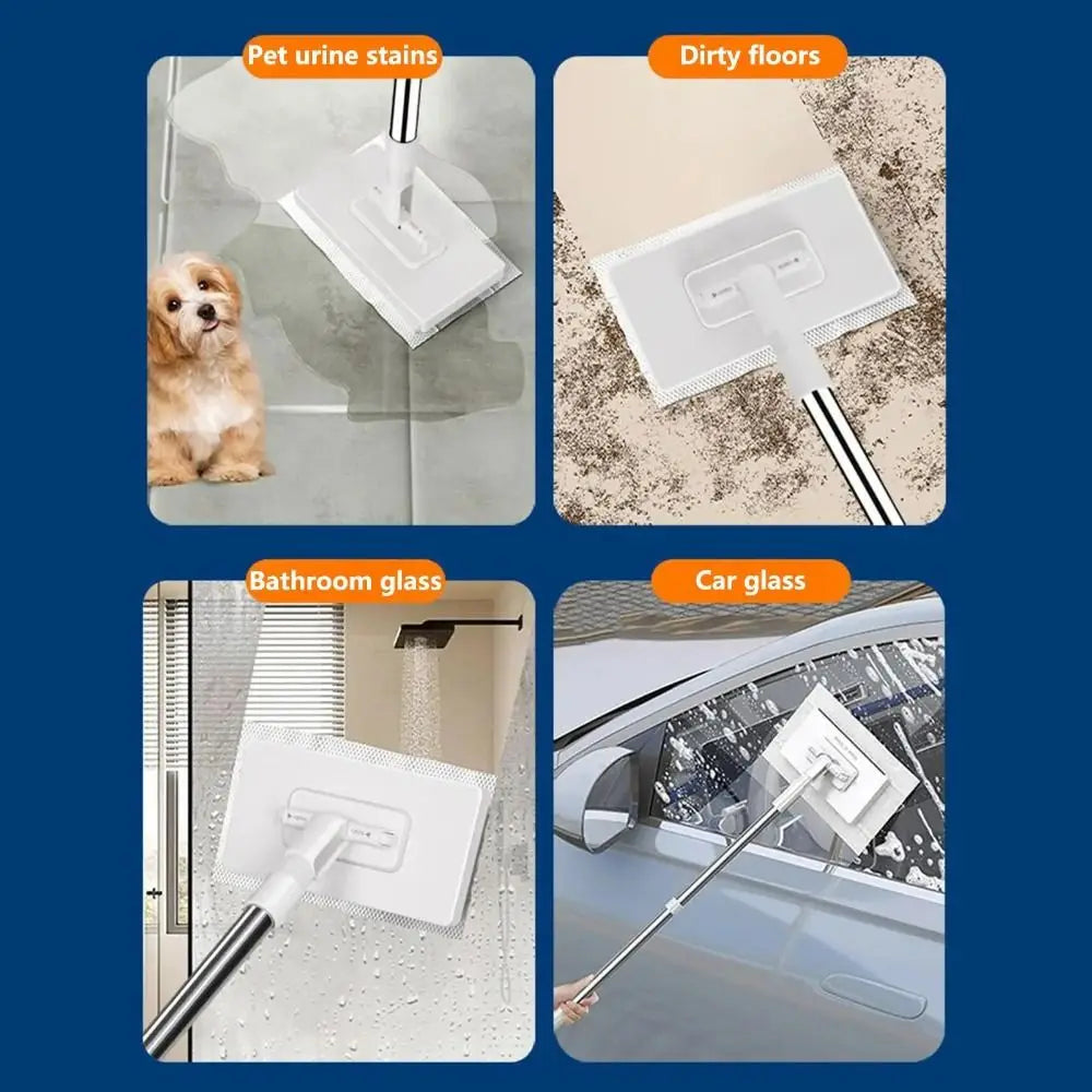 A set of 360° rotating hands-free flat mops with reusable cloths cleaning pet stains, dirty floors, bathroom glass, and car g