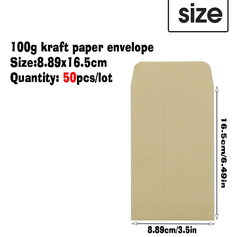 A beige kraft paper envelope with dimensions 8.89x16.5 cm shown for money storage or gift giving.
