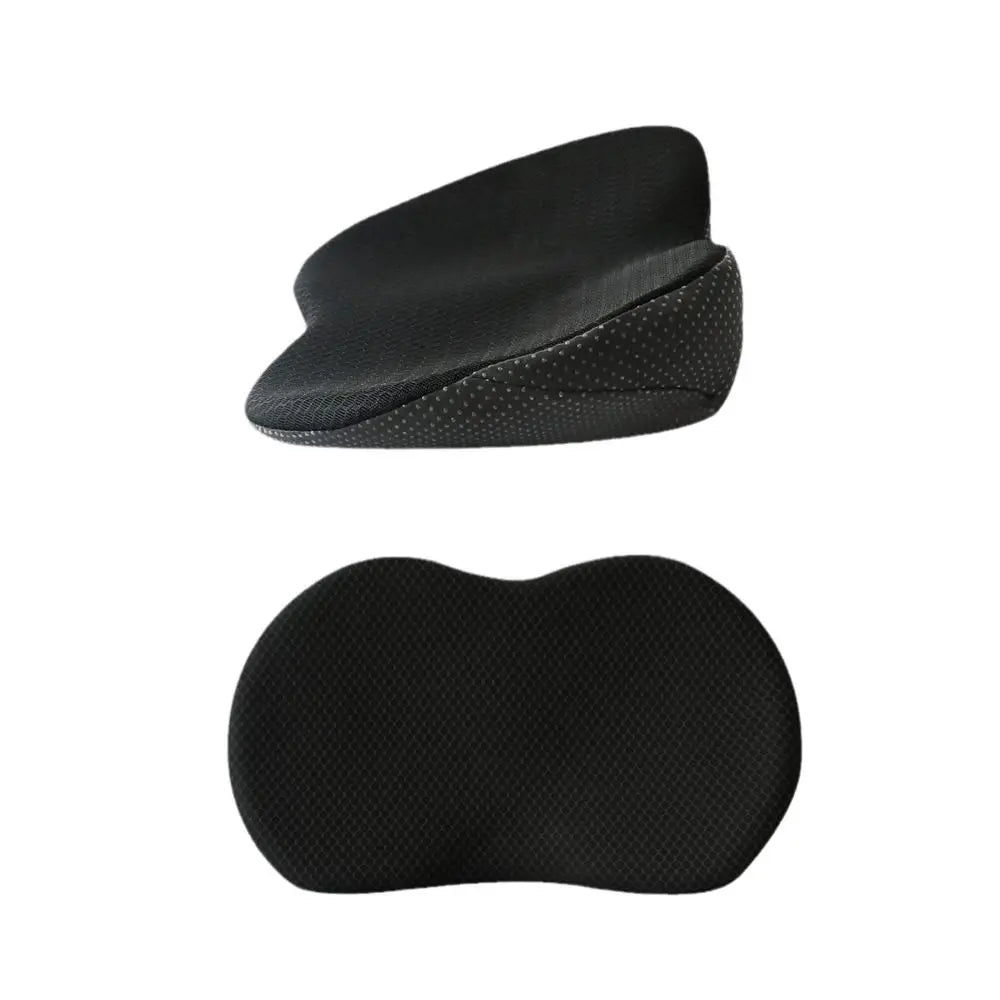 Black memory foam car seat cushion with lumbar support shown from the top and side.