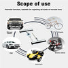 A diagram showing the scope of use for a portable tire repair kit on cars, motorcycles, and bicycles.