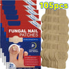 A package of 105 fungal nail patches for overnight nail repair shown next to a foot.