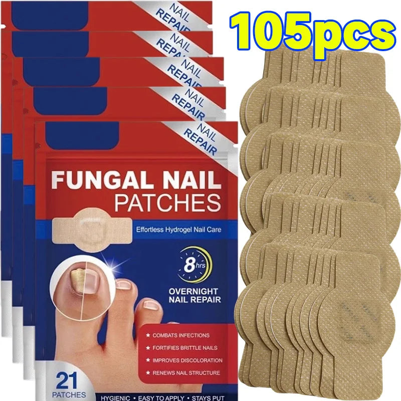 A package of 105 fungal nail patches for overnight nail repair shown next to a foot.