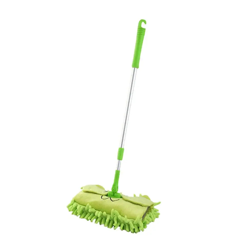 A green kids broom and dustpan set with an adjustable mop head.