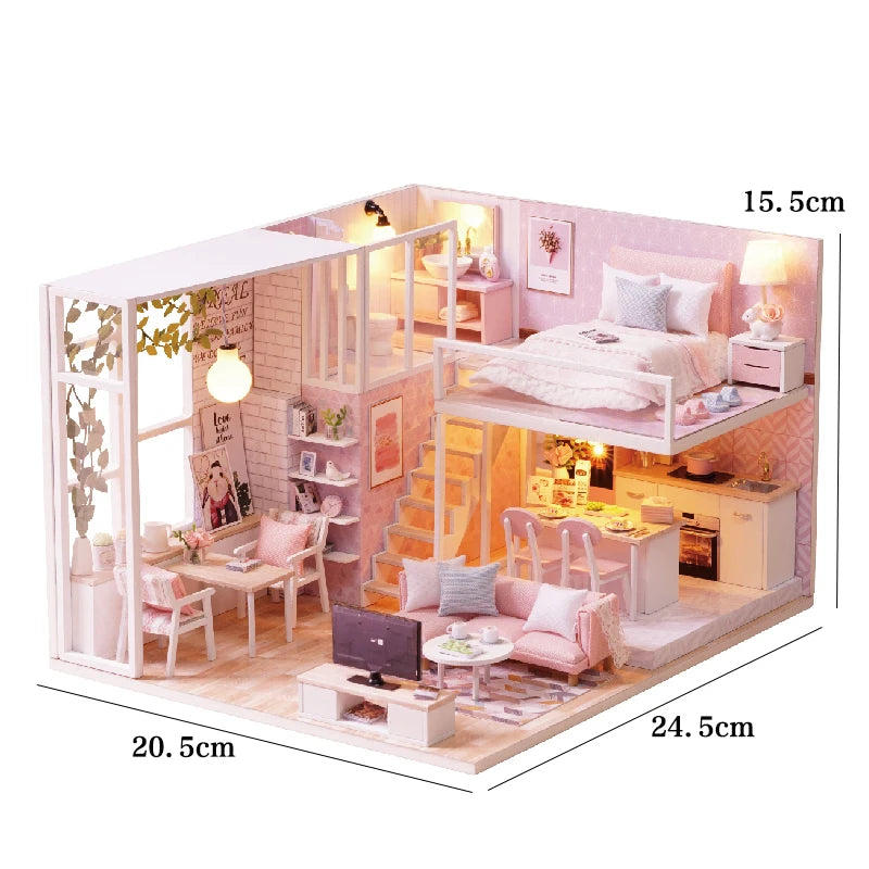 A miniature wooden dollhouse building kit featuring a bedroom, furniture, and decorative elements.
