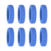 A set of six blue silicone luggage wheel protectors for quiet and scratch-free travel.