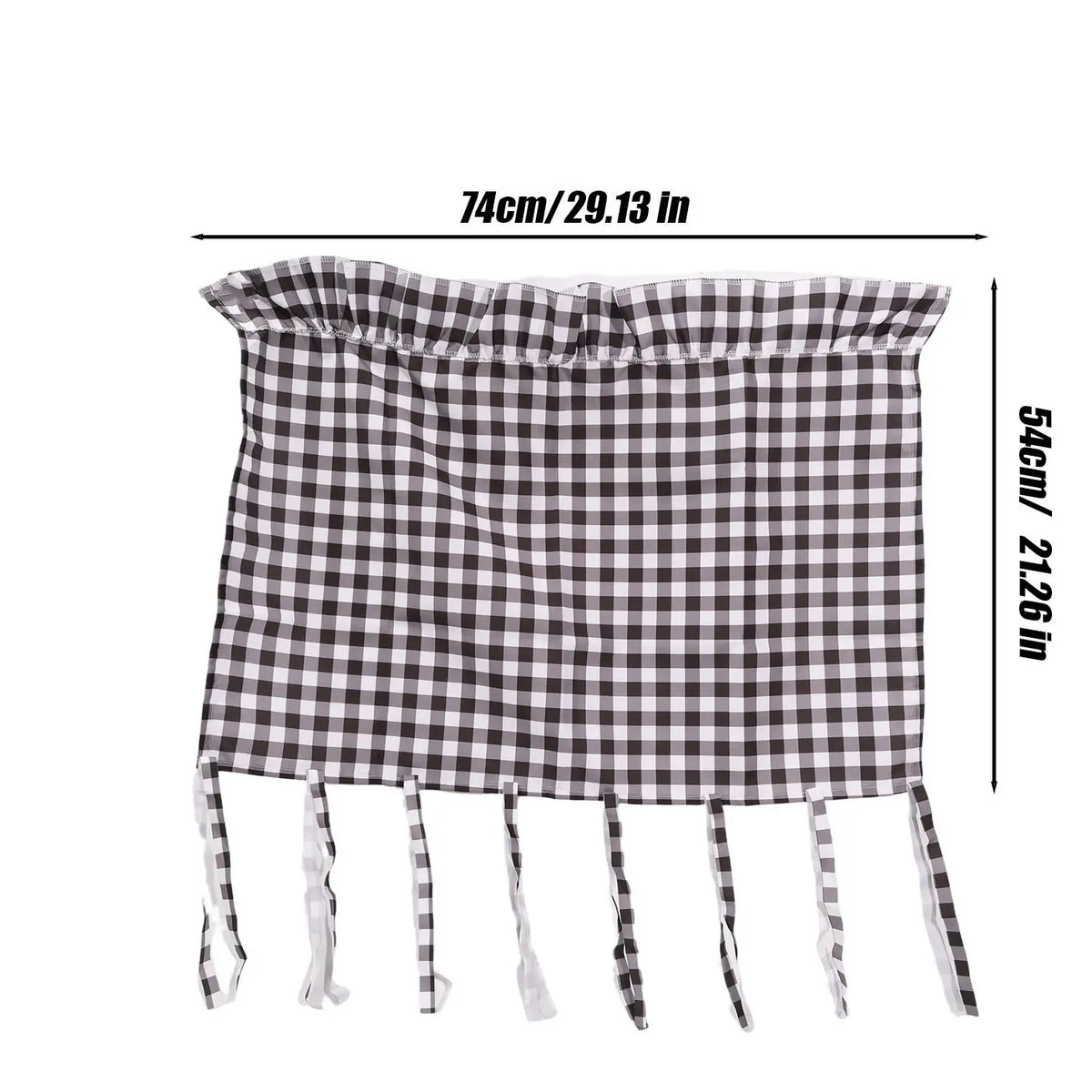 Black and white plaid farmhouse oven skirt with ruffled trim
