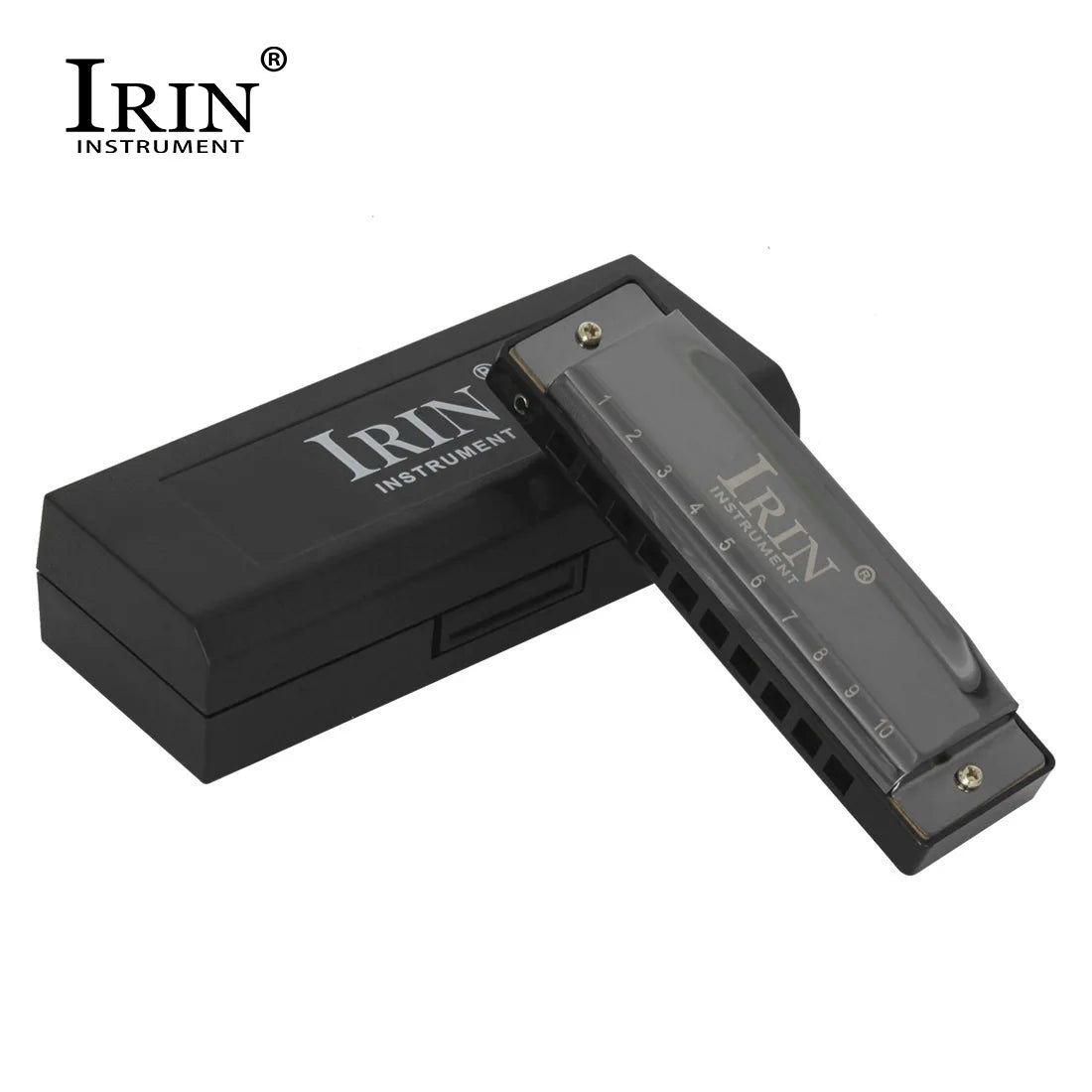 A black protective case for a 10-hole 20-tone harmonica in C instrument.