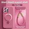 A pink silicone phone case with a magnetic support shell and a hand-carry rope lanyard for iPhone