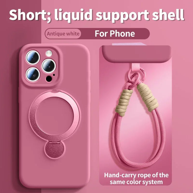 A pink silicone phone case with a magnetic support shell and a hand-carry rope lanyard for iPhone