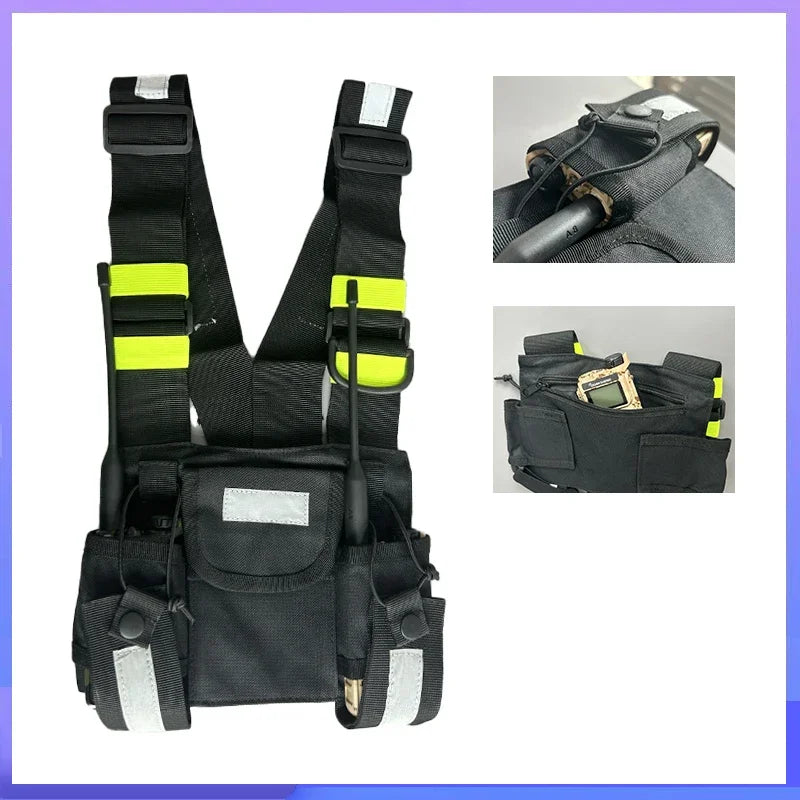 Black chest harness pouch for hands-free carrying of walkie-talkies and radios