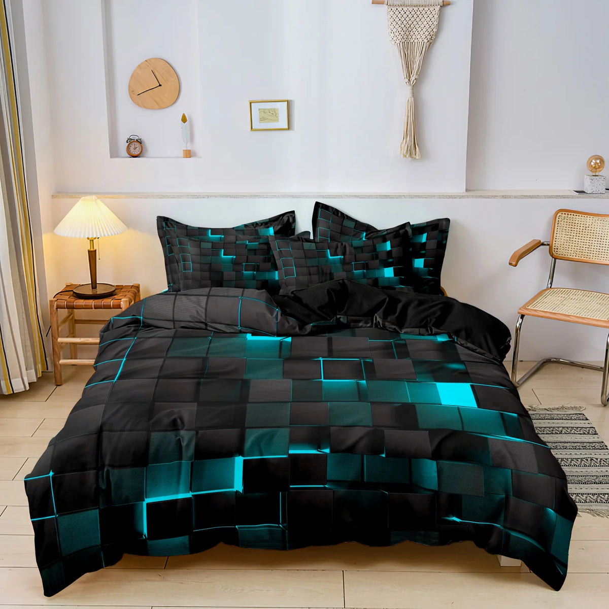 Geometric Grid Print Duvet Cover Set with Pillowcases