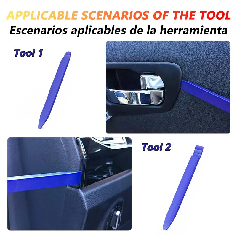 A set of two blue plastic tools used for car trim removal and interior panel disassembly.