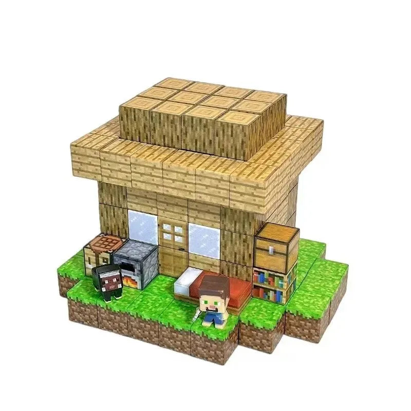 A wooden magnetic building block set shaped like a house for children's STEM learning.