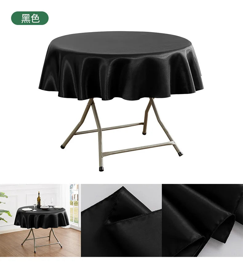 Black luxurious round satin tablecloth displayed on a metal stand.