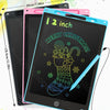 A black and pink LCD writing tablet for kids with a blue stylus pen displayed on a colorful background.