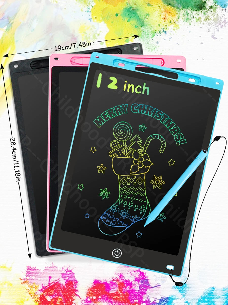 A black and pink LCD writing tablet for kids with a blue stylus pen displayed on a colorful background.