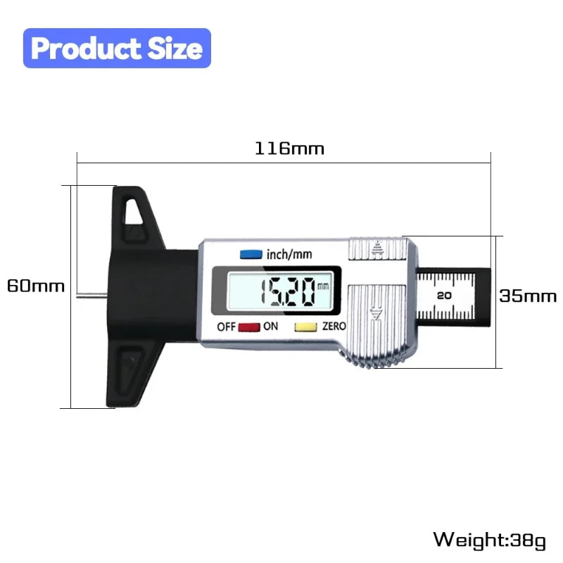 A digital tire tread depth gauge is shown with measurements in inches and millimeters, featuring an LCD display and a scale.