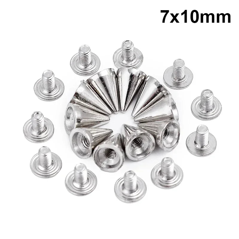 A collection of silver metal spike studs measuring 7x10mm arranged in a circular pattern.