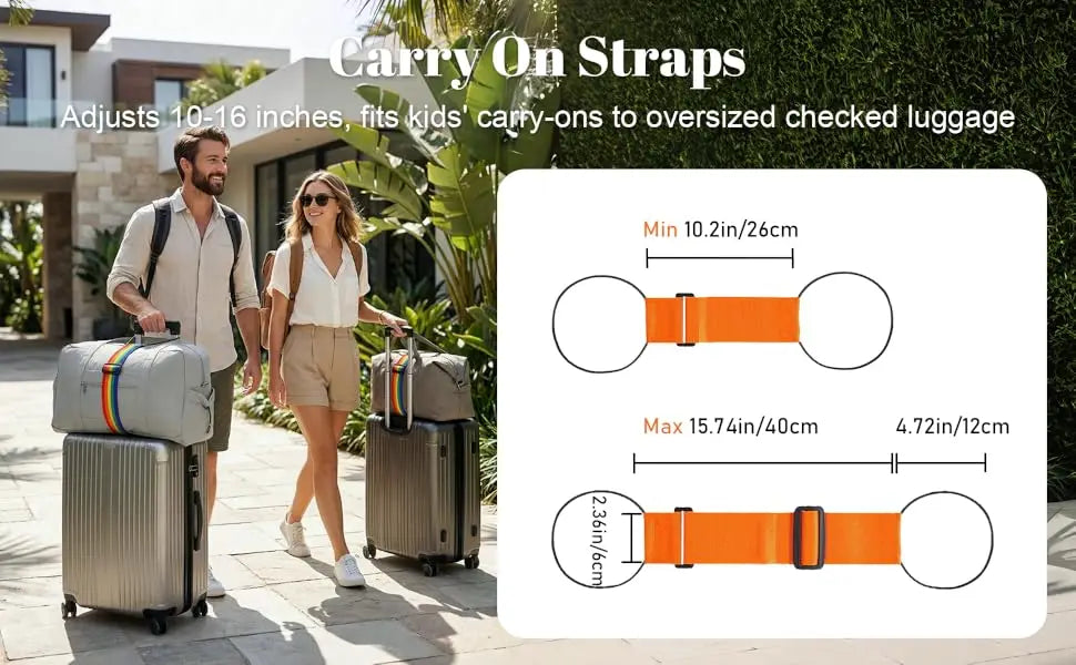 Orange carry-on straps used to connect oversized checked luggage for easy transport.