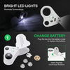 A white dual-magnification LED loupe with a foldable design and battery replacement components.
