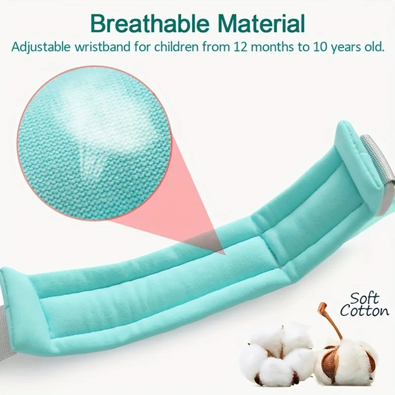 A light blue breathable wristband made of soft cotton for children, shown next to a close-up view.
