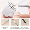 A hand holds a white nail art brush set with soft and flexible bristles, showing the different components of the professional