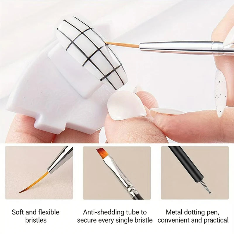 A hand holds a white nail art brush set with soft and flexible bristles, showing the different components of the professional