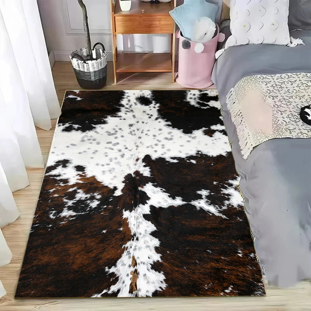 A faux cowhide pattern area rug featuring brown and white spots placed on a light wooden floor.