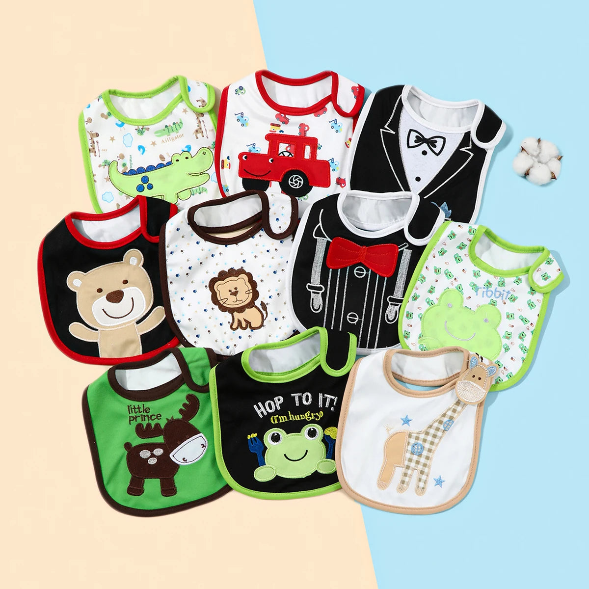 A set of colorful waterproof baby bibs and burp cloths featuring various cartoon prints like animals and vehicles.