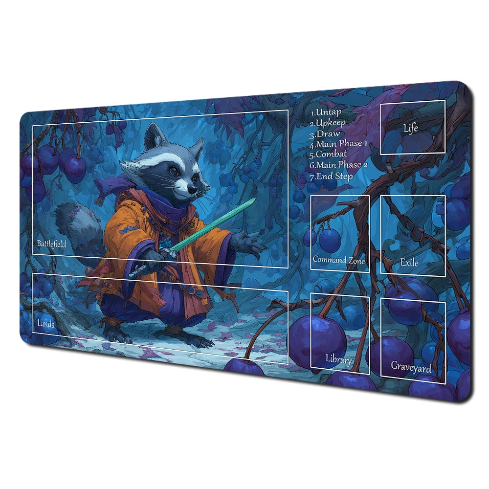 Fantasy card playmat featuring an illustration of a rabbit and raccoon in a forest setting with various game zones labeled.