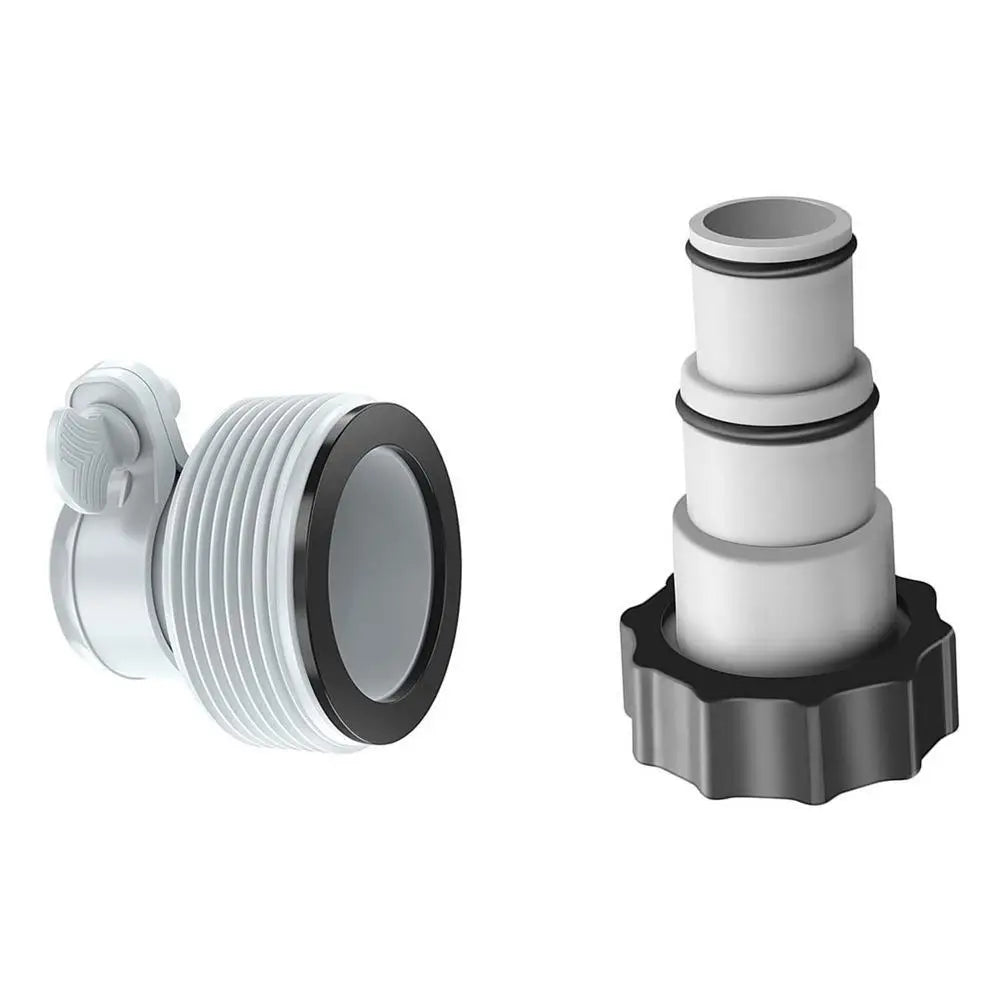 A white pool hose adapter kit with a threaded connection for filter pumps.