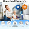 A woman is shown with a baby in a laundry room setting, surrounded by reusable laundry balls for pet hair and lint removal.