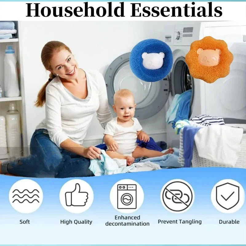 A woman is shown with a baby in a laundry room setting, surrounded by reusable laundry balls for pet hair and lint removal.