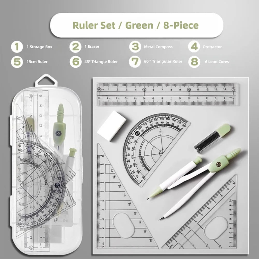 8-Piece Geometry Set – Transparent Rulers, Protractor, Compass & Eraser