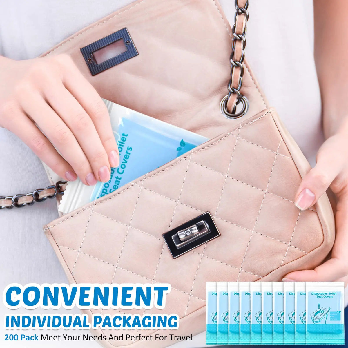 A hand is opening a beige quilted pouch containing individual disposable toilet seat covers for travel.
