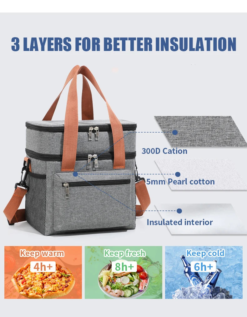 Insulated Double-Layer Lunch Tote with Shoulder Strap
