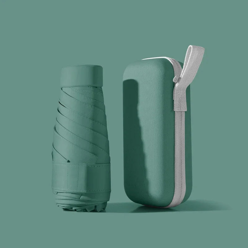 A teal compact travel umbrella is shown next to its protective capsule case on a muted green background.