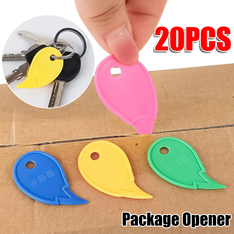 A set of 20 plastic package openers in various colors including pink yellow and green shown next to a key and box.