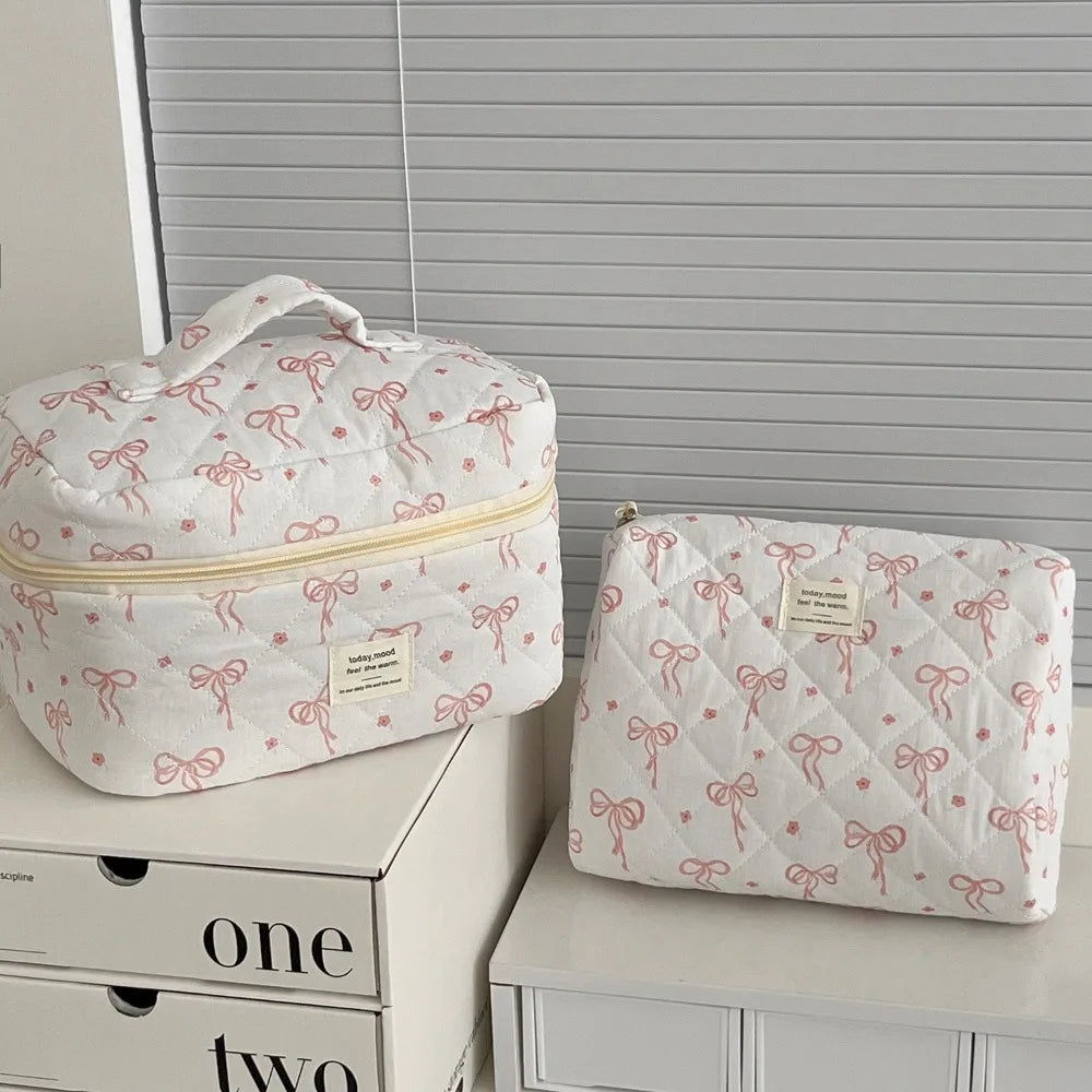 Pink Bow Plaid Quilted Cosmetic Bag with Multiple Compartments