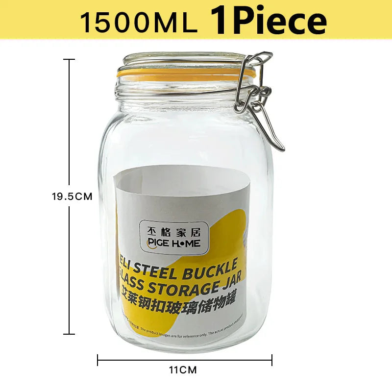 A clear glass storage jar with a metal clasp lid, labeled as a 1500ml single piece container.
