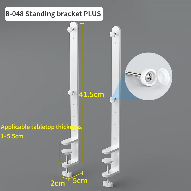 A white B-048 standing bracket PLUS organizer with adjustable shelves and hooks for tabletops.