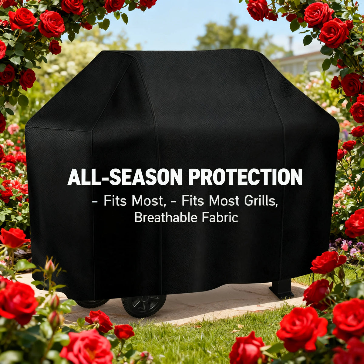 Black all-season protection grill cover displayed outdoors among red roses and greenery.