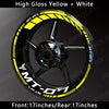High gloss yellow and white decals for an MT-07 motorcycle wheel rim.
