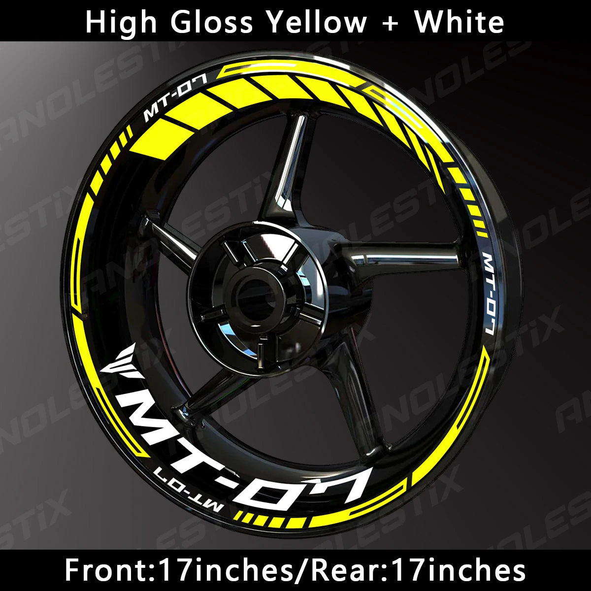 High gloss yellow and white decals for an MT-07 motorcycle wheel rim.