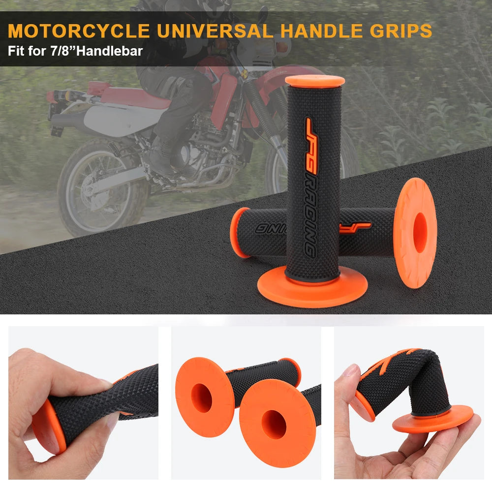 Orange and black motorcycle handlebar grips for 7/8 inch handlebars shown in various angles