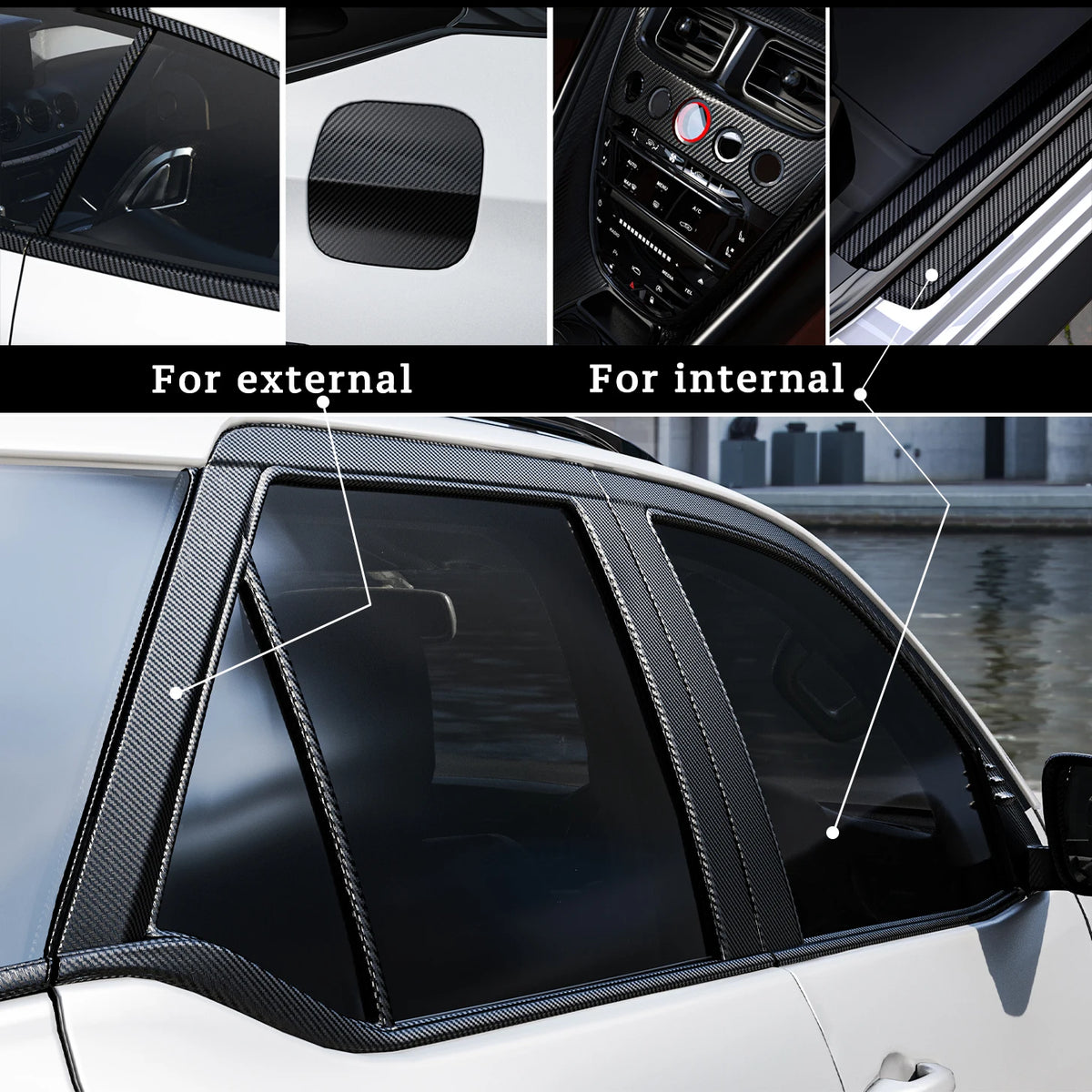 Carbon fiber vinyl wrap film applied to a car window, showing external and internal installation views.