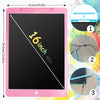 Pink LCD writing tablet showing a diagonal line and three diagrams illustrating its features